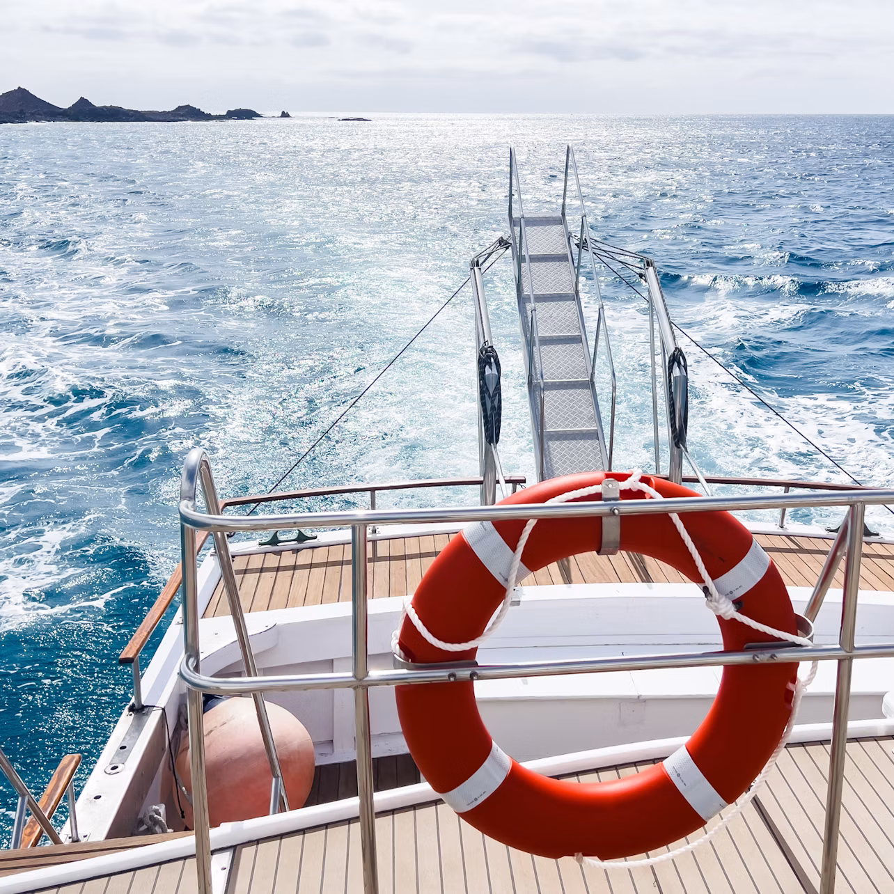 Deck of a boat with a red lifebuoy, a metal ladder leading to the ocean, and distant dark rocks on the horizon.