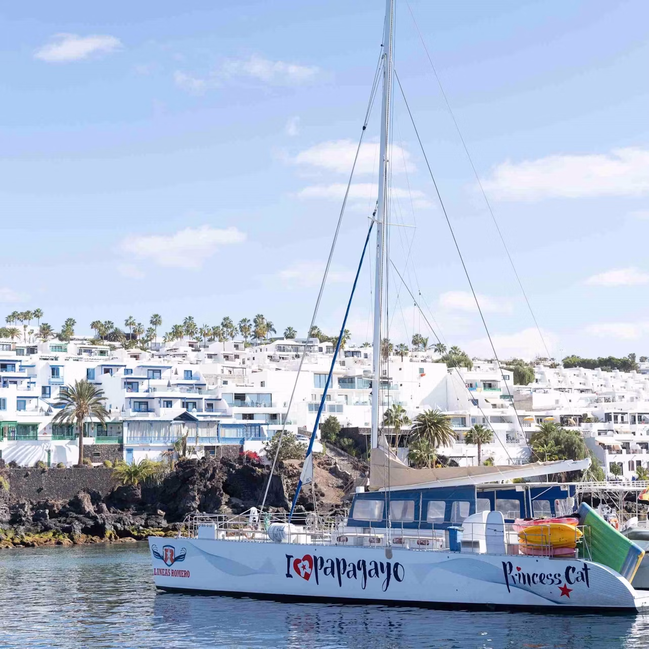 A catamaran with "I ❤️ Papagayo" and "Princess Cat" docked near a coastal town with white buildings and palm trees.