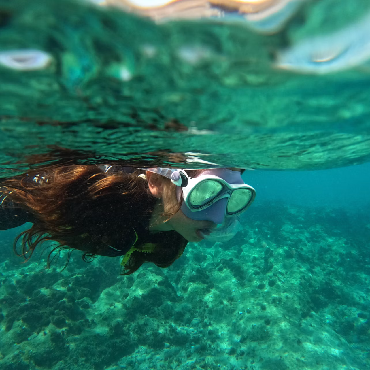 Person snorkeling underwater with clear visibility of coral and seafloor, wearing a mask and snorkel.