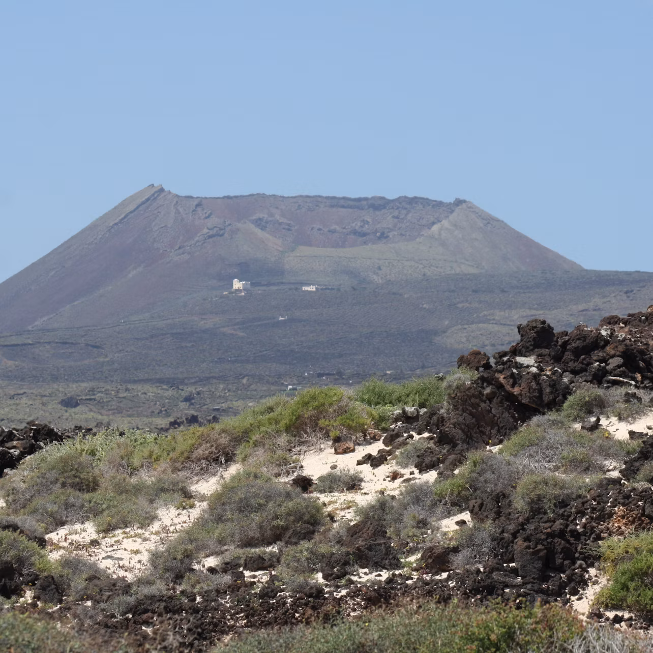 Distant view of a mountain with a flat summit and dry vegetation in the foreground, under a clear blue sky.