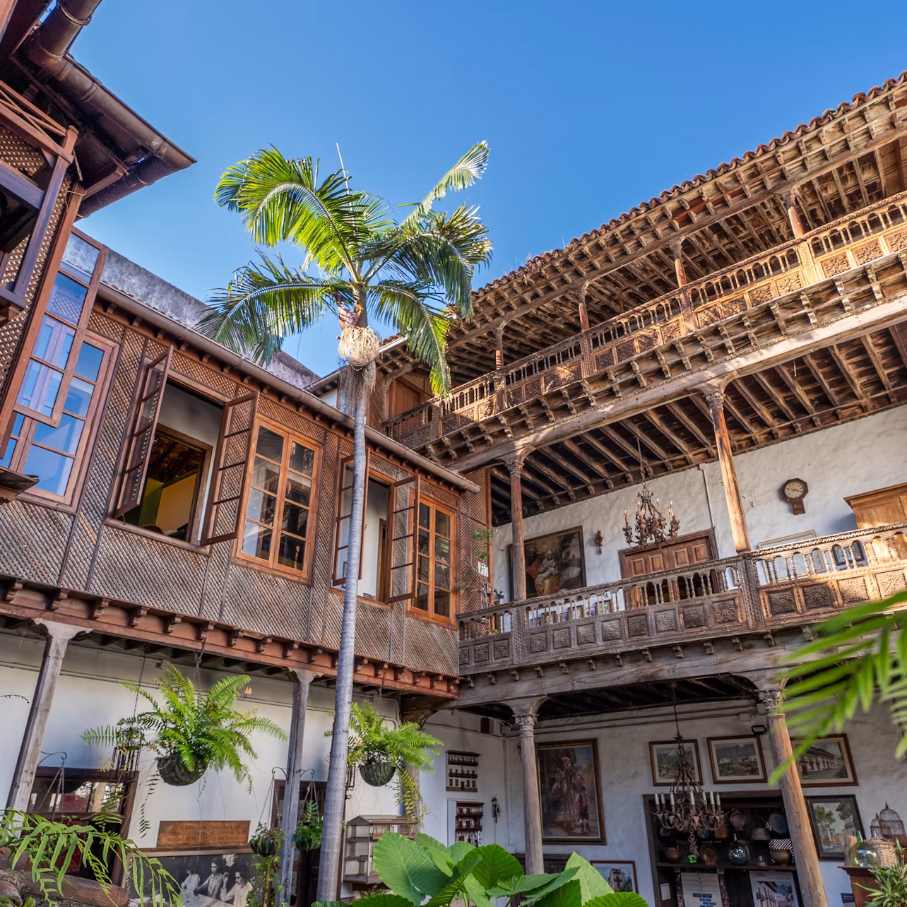A courtyard with a palm tree surrounded by wooden balconies, plants, and walls adorned with framed pictures under a blue sky.