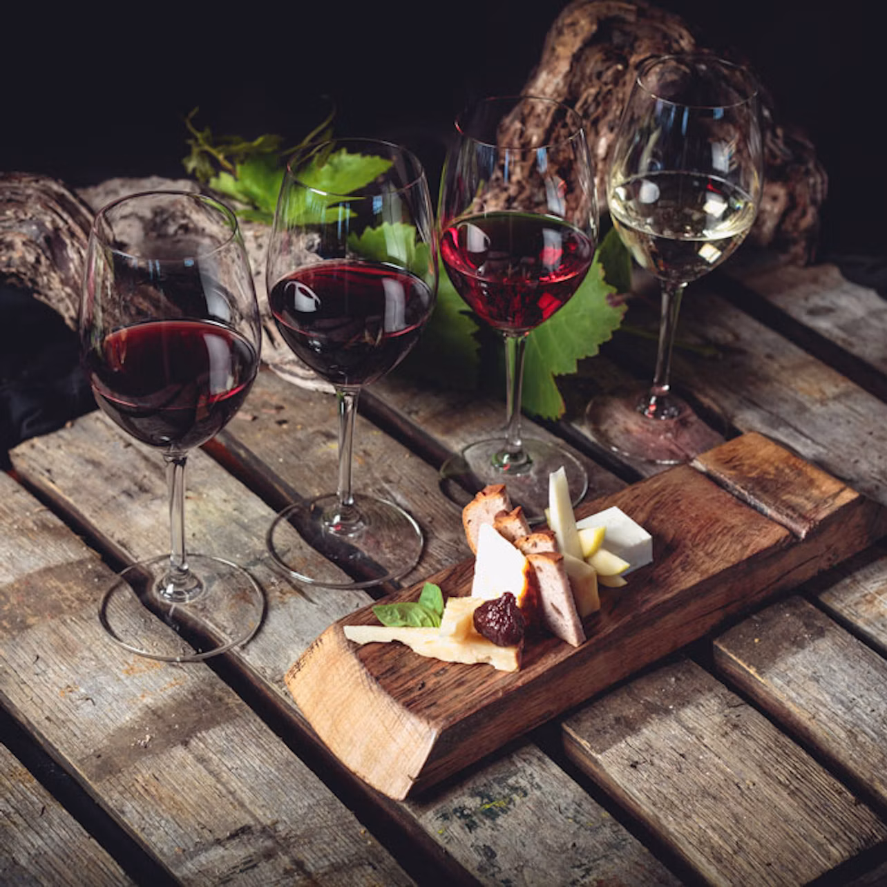 Four wine glasses with different wines on a wooden table, accompanied by a cheese and meat platter with leafy greens.