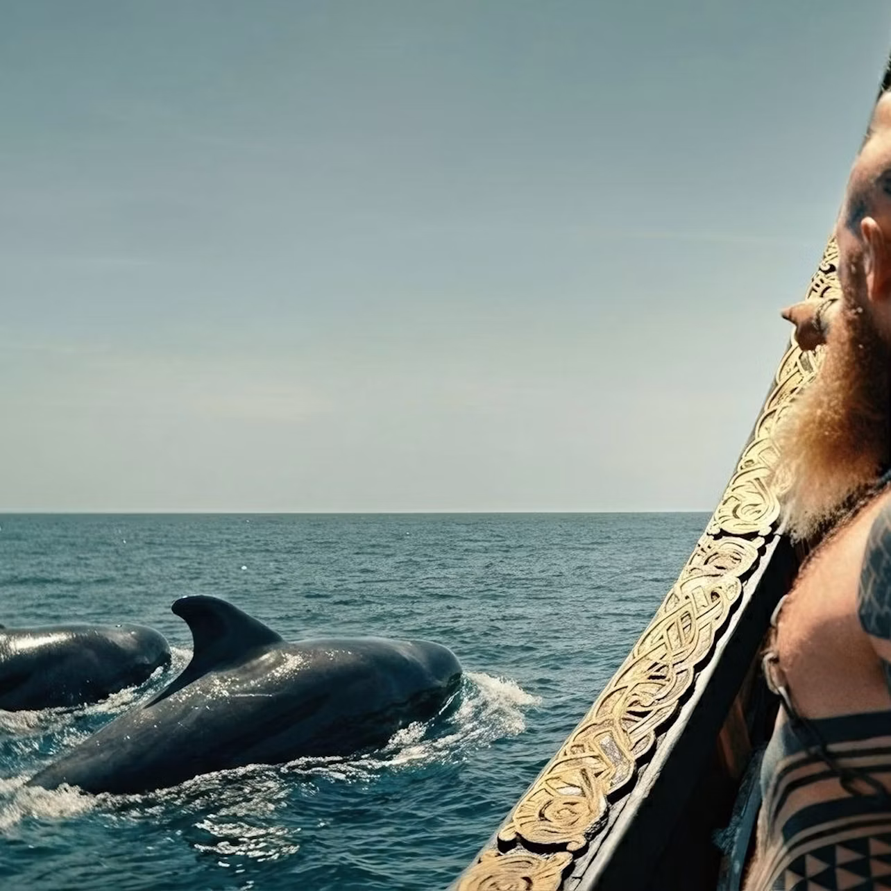 A person on a boat watches dolphins swimming in the ocean under a clear sky.