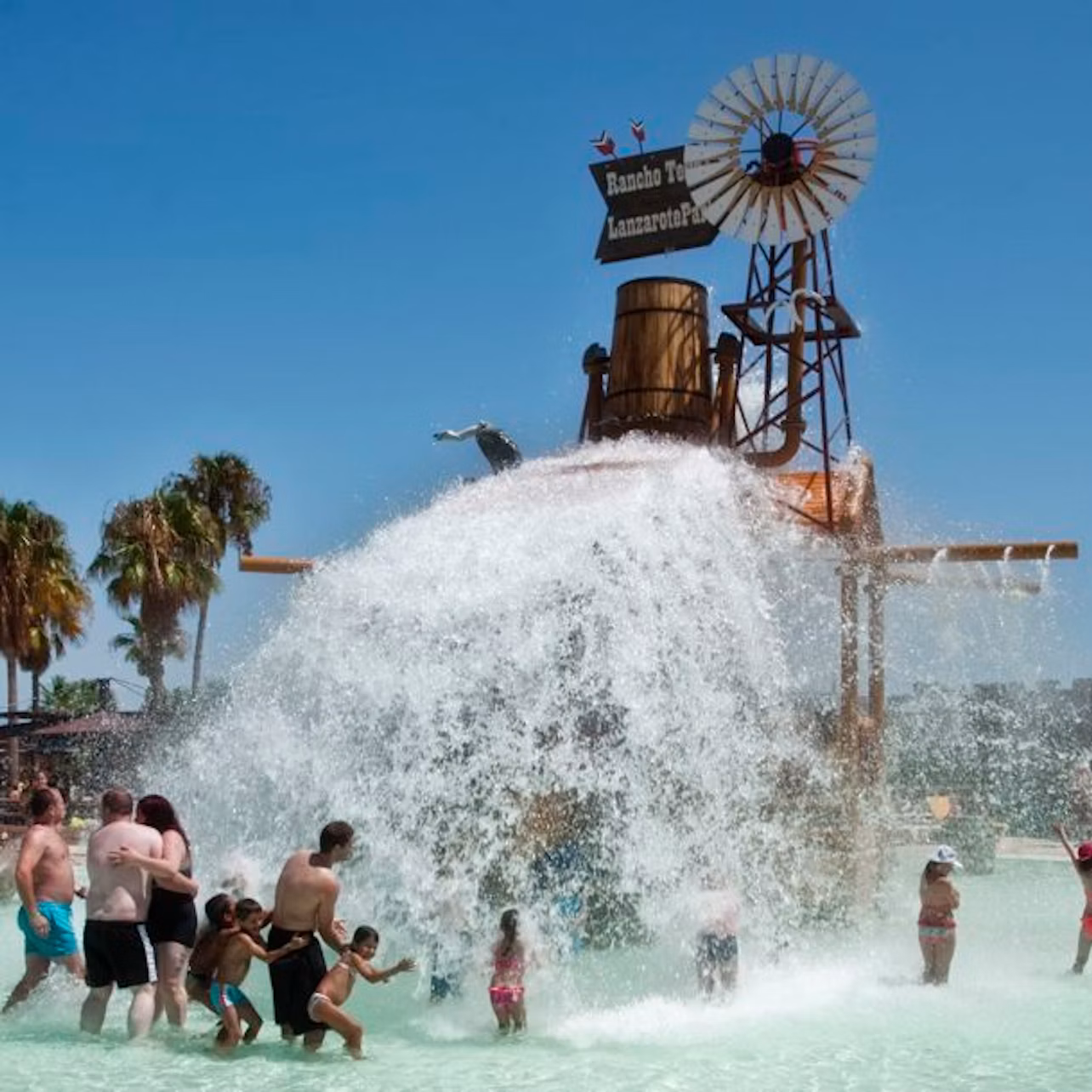 People enjoying water splashing from a large bucket under a themed structure with a windmill and palm trees in the background.