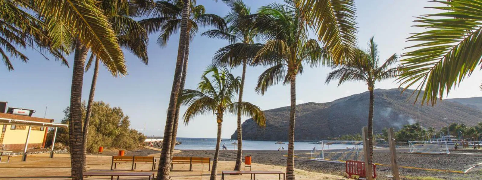 Plage à La Gomera avec des palmiers, une mer calme et un littoral volcanique