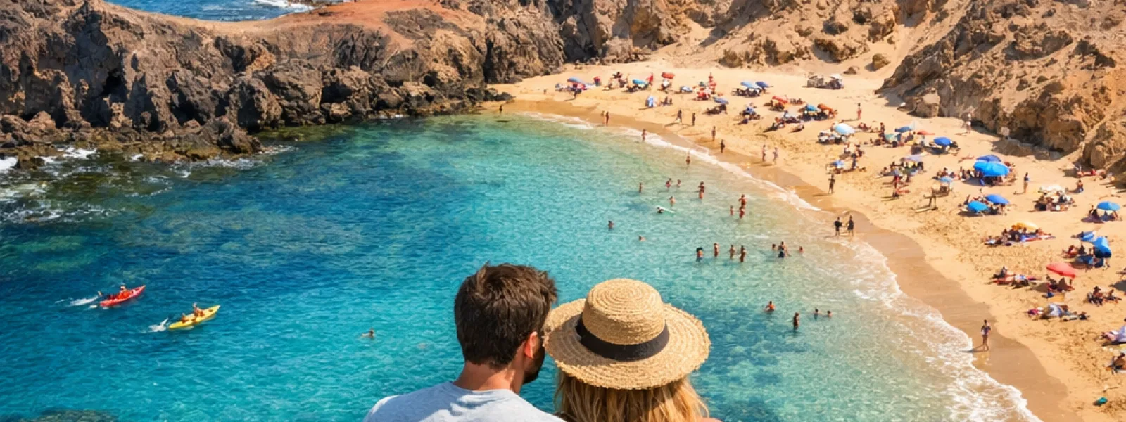 Spiaggia soleggiata a Lanzarote con acqua turchese, sabbia dorata e costa vulcanica