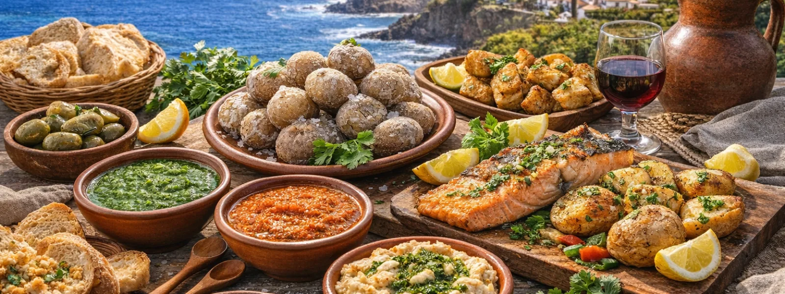 Villaggio costiero delle Isole Canarie e paesaggio montuoso di viaggio