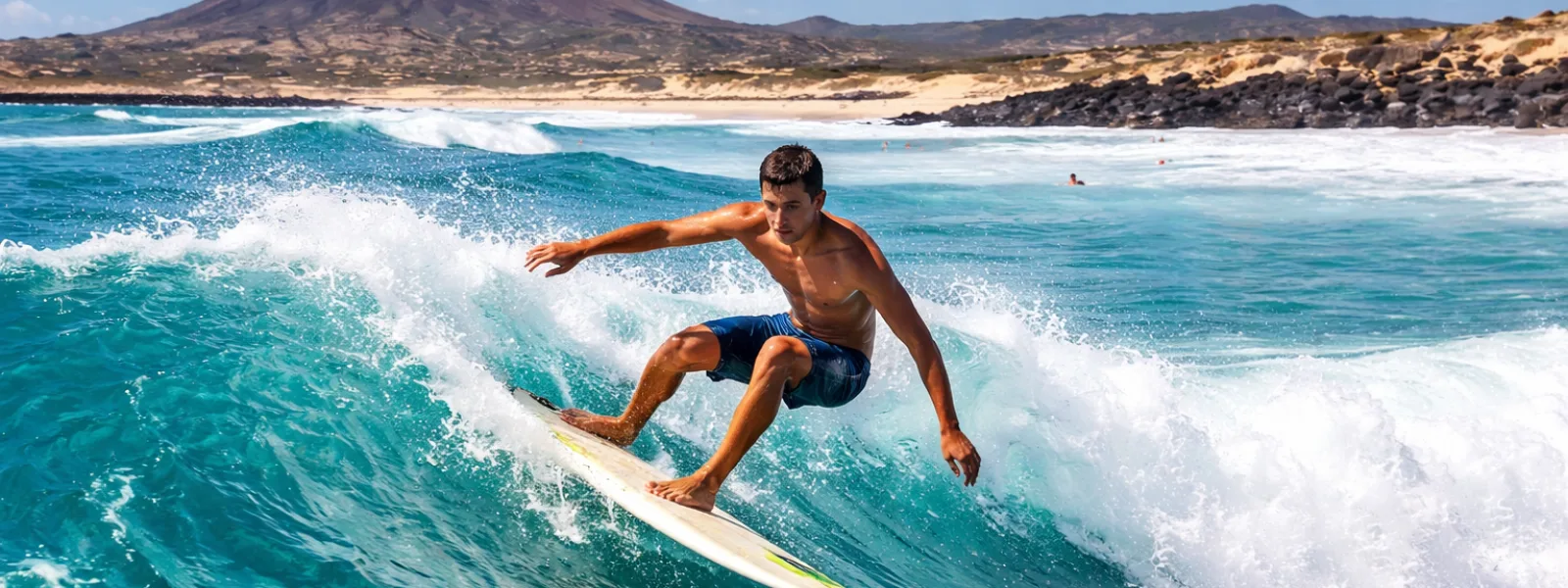 Surfeur glissant sur une vague aux îles Canaries avec un paysage volcanique en arrière-plan