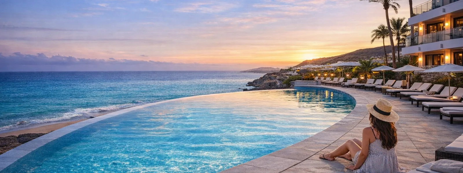 Luxury seaside hotel in the Canary Islands at sunset with infinity pool