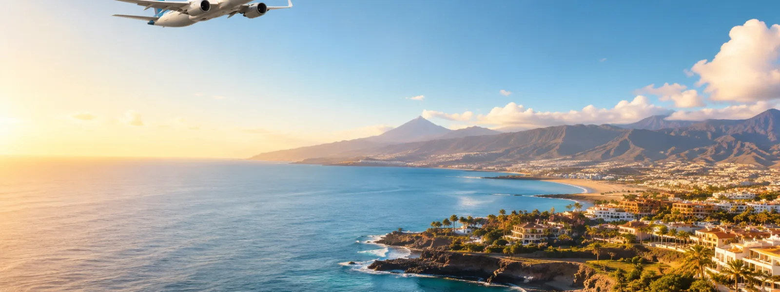 Flights to the Canary Islands cover image with airplane above a sunny volcanic coastline