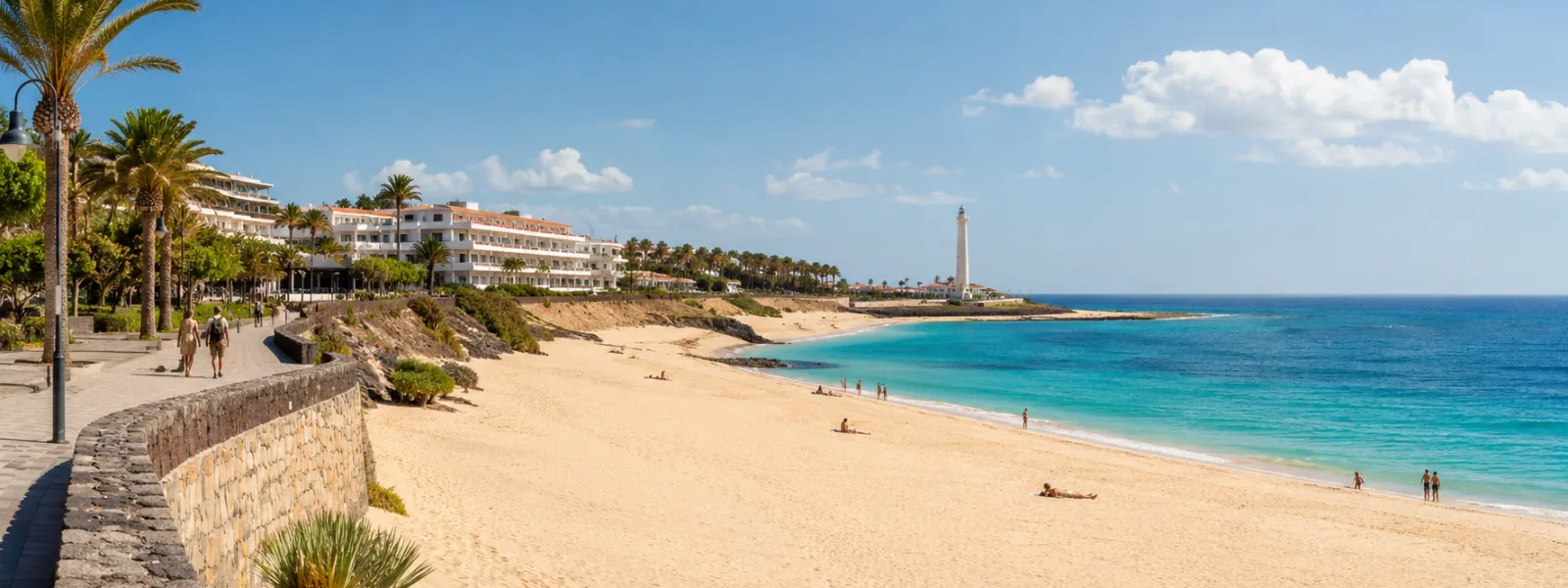 Plage de Morro Jable et phare de Jandia dans le sud de Fuerteventura pour un guide de vacances sans voiture