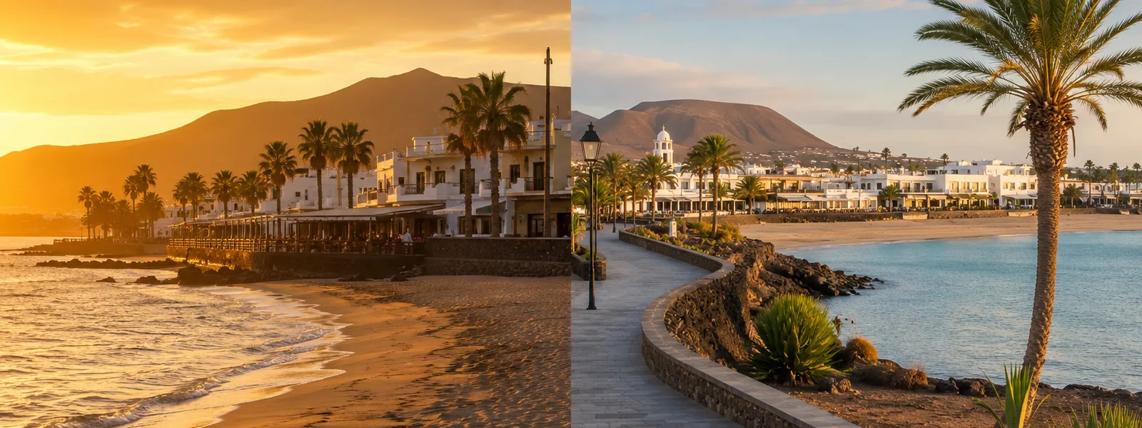 Promenade de plage à Lanzarote à l'heure dorée illustrant les choix de stations entre Puerto del Carmen et Costa Teguise