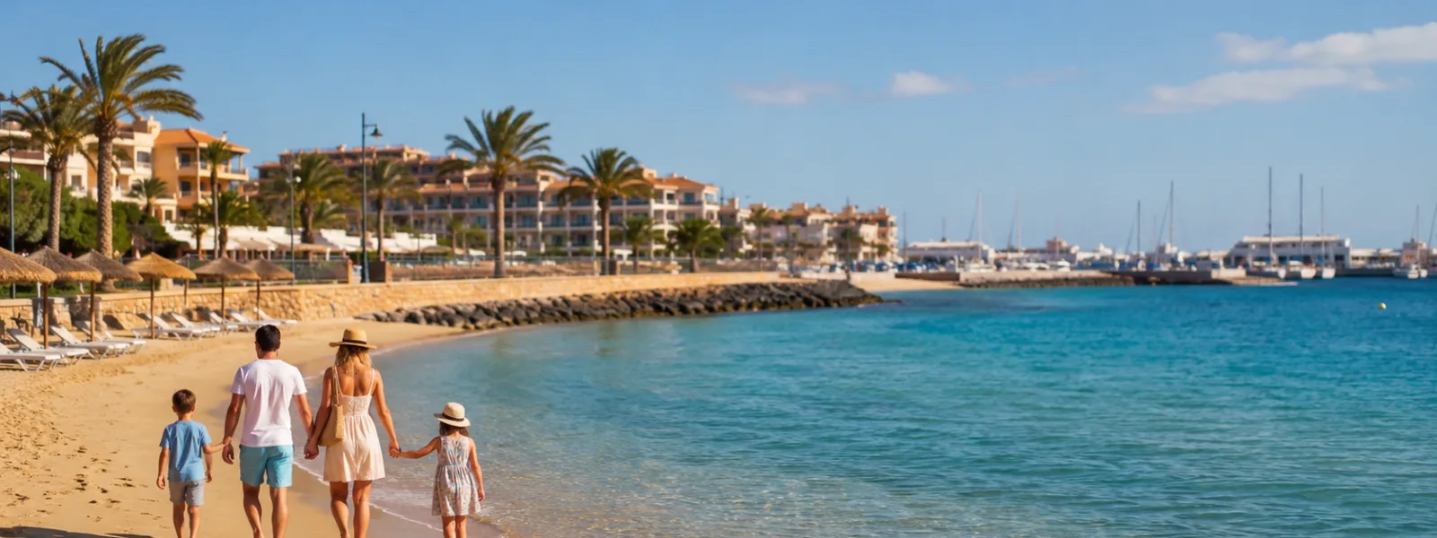 Vacanze in famiglia in spiaggia nella baia riparata di Caleta de Fuste a Fuerteventura