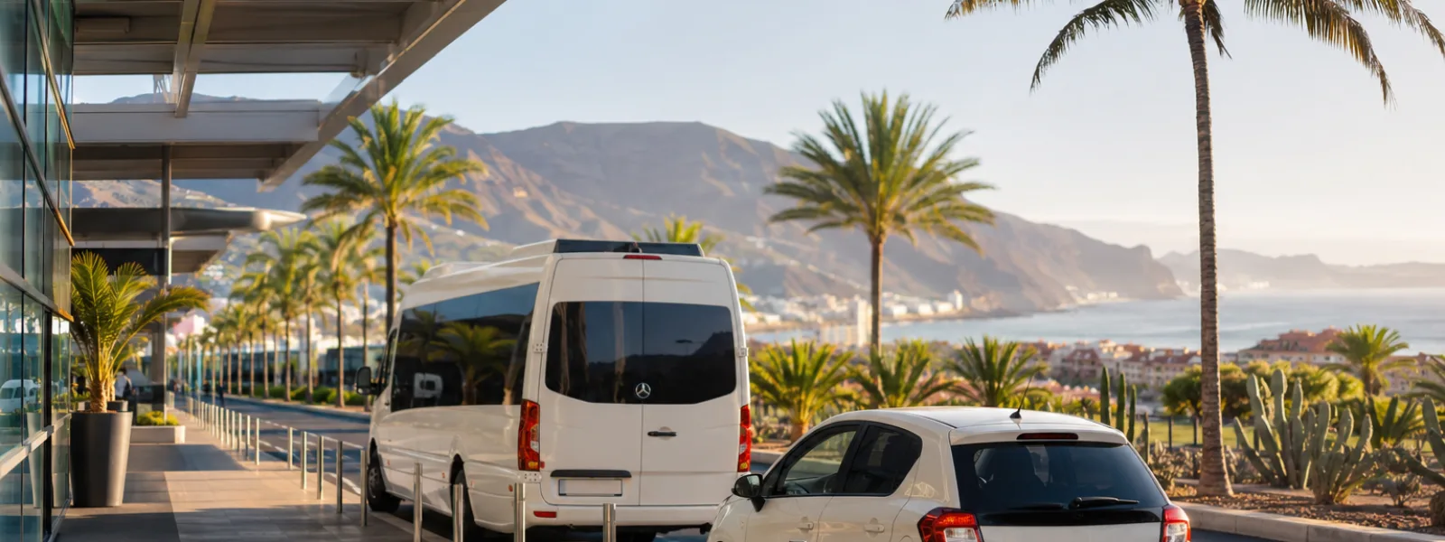 Minibus de transfert et voiture de location devant l'aéroport de Tenerife avec des palmiers et des collines volcaniques