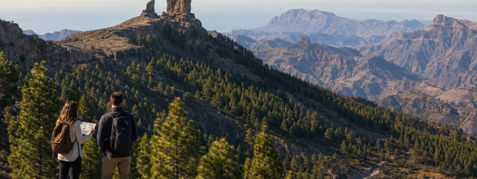 Viaggiatori che guardano verso Roque Nublo negli altopiani di Gran Canaria