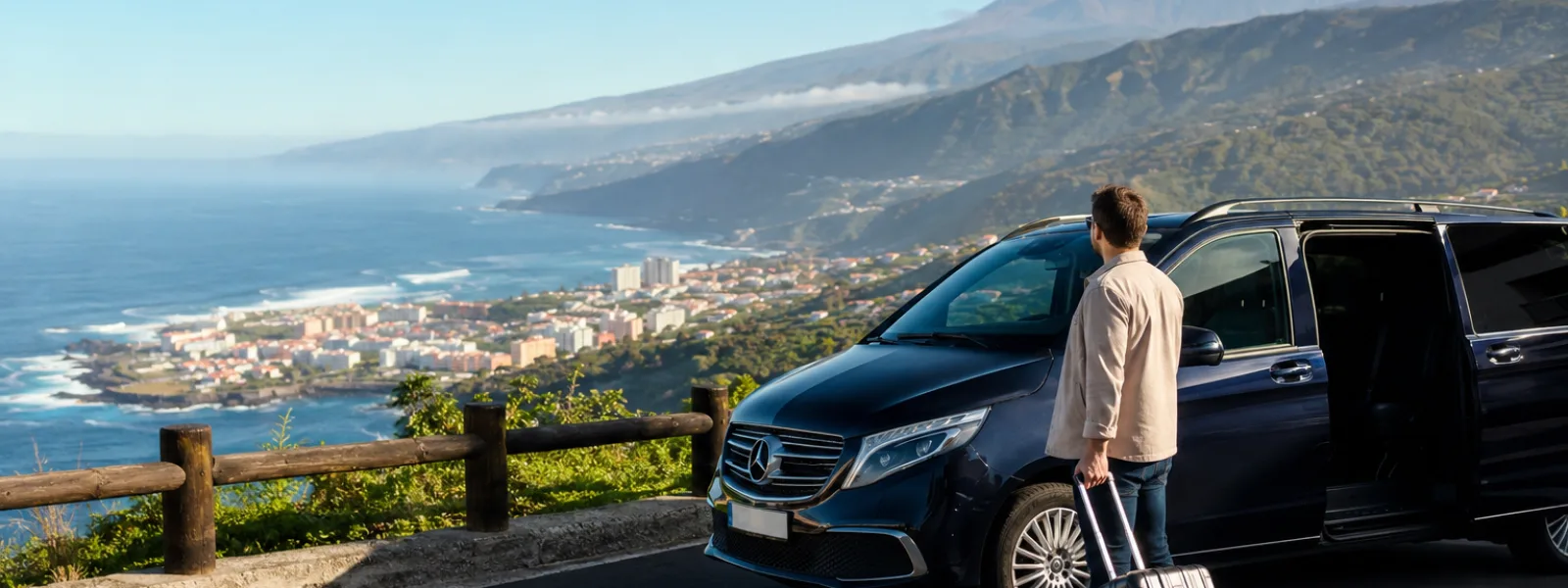 Veicolo di trasferimento aeroportuale sopra Puerto de la Cruz sulla costa verde del nord di Tenerife