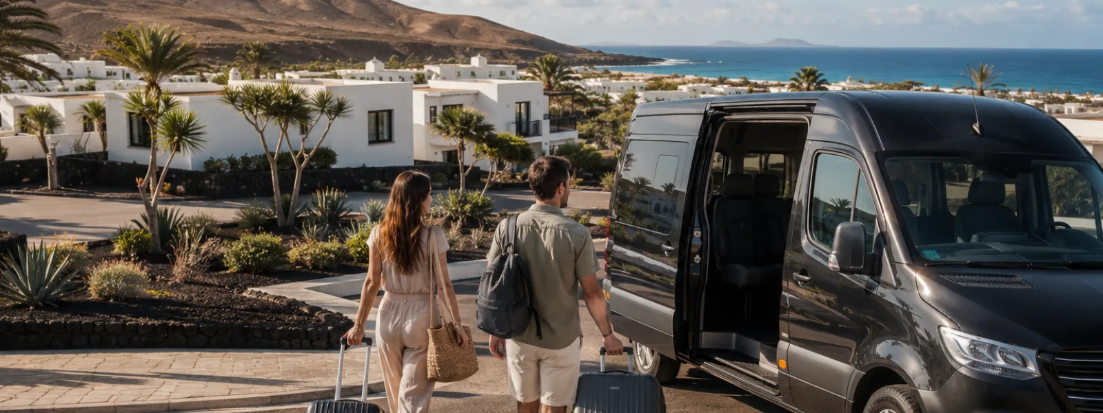 Airport transfer vehicle arriving in Playa Blanca, Lanzarote, with luggage and coastal resort scenery