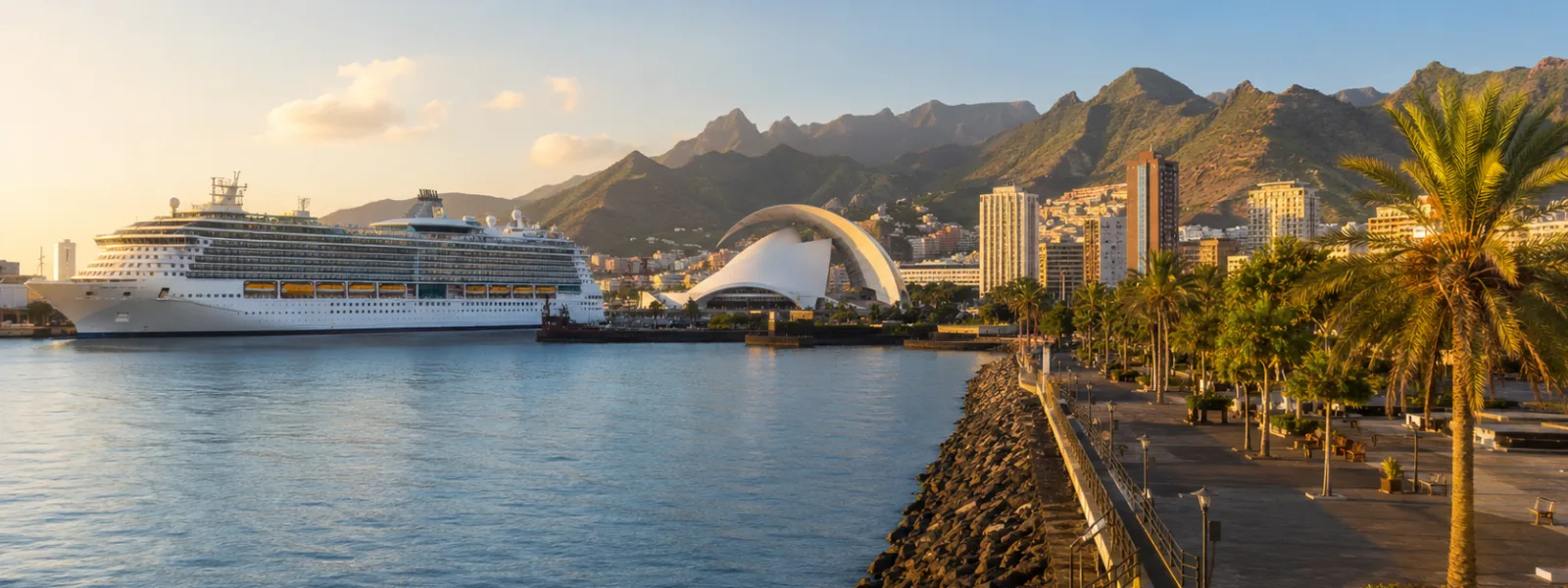 Cruise ship and waterfront hotels in Santa Cruz de Tenerife at golden hour
