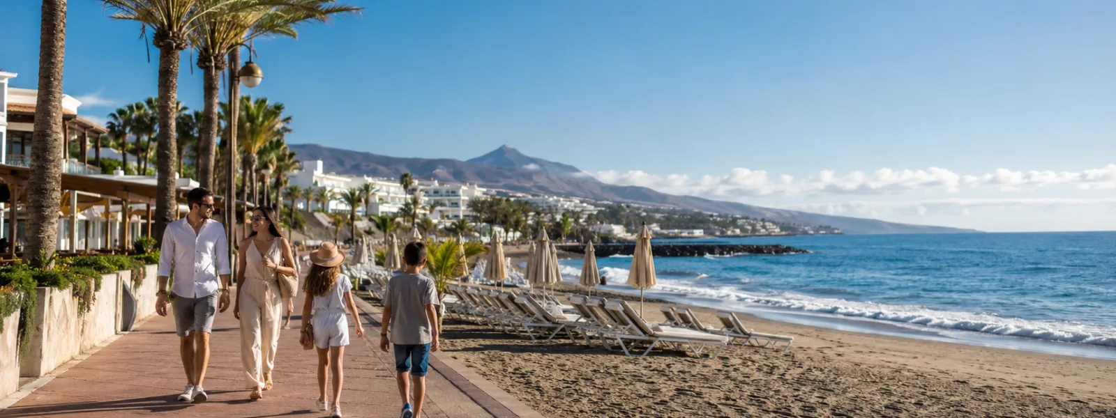Sunny Canary Islands resort promenade for a Tenerife vs Gran Canaria winter sun holiday