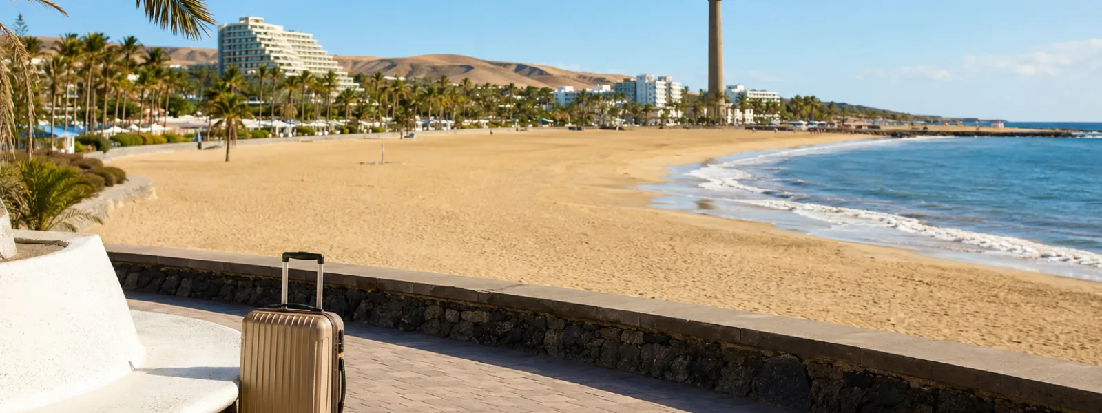 Sunny Playa del Ingles beach and Maspalomas dunes in Gran Canaria, a practical arrival base from Gran Canaria Airport