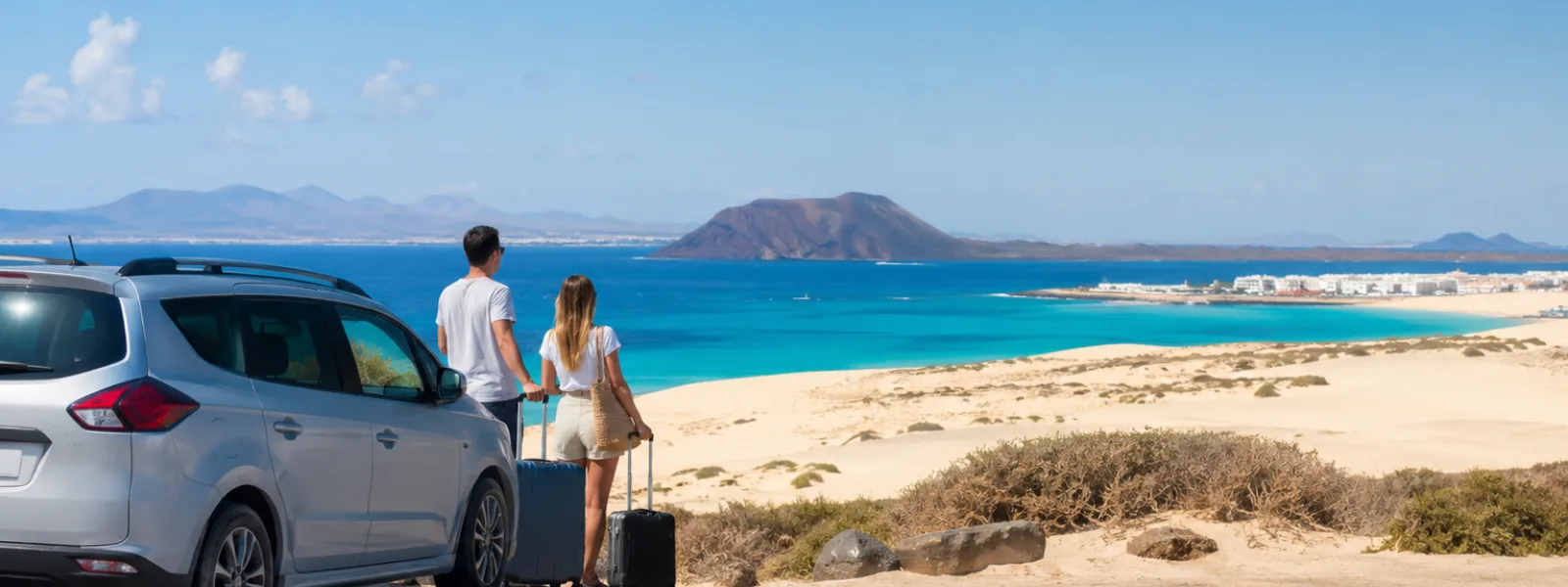 Voyageurs arrivant près des dunes de Corralejo après un transfert depuis l'aéroport de Fuerteventura