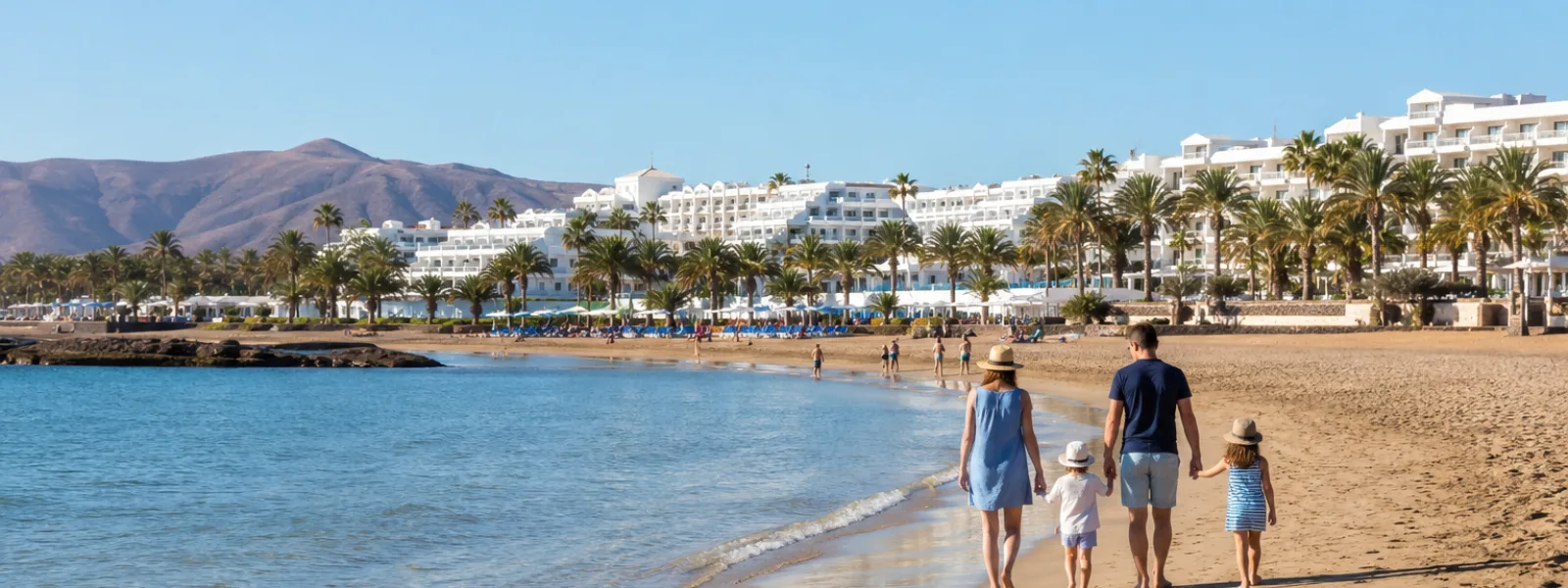 Famille marchant sur la plage de Los Pocillos à Puerto del Carmen, Lanzarote, près d'hôtels de station à faible hauteur