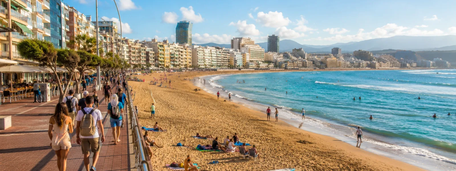 Spiaggia e lungomare di Las Canteras a Las Palmas de Gran Canaria con hotel cittadini dietro la sabbia
