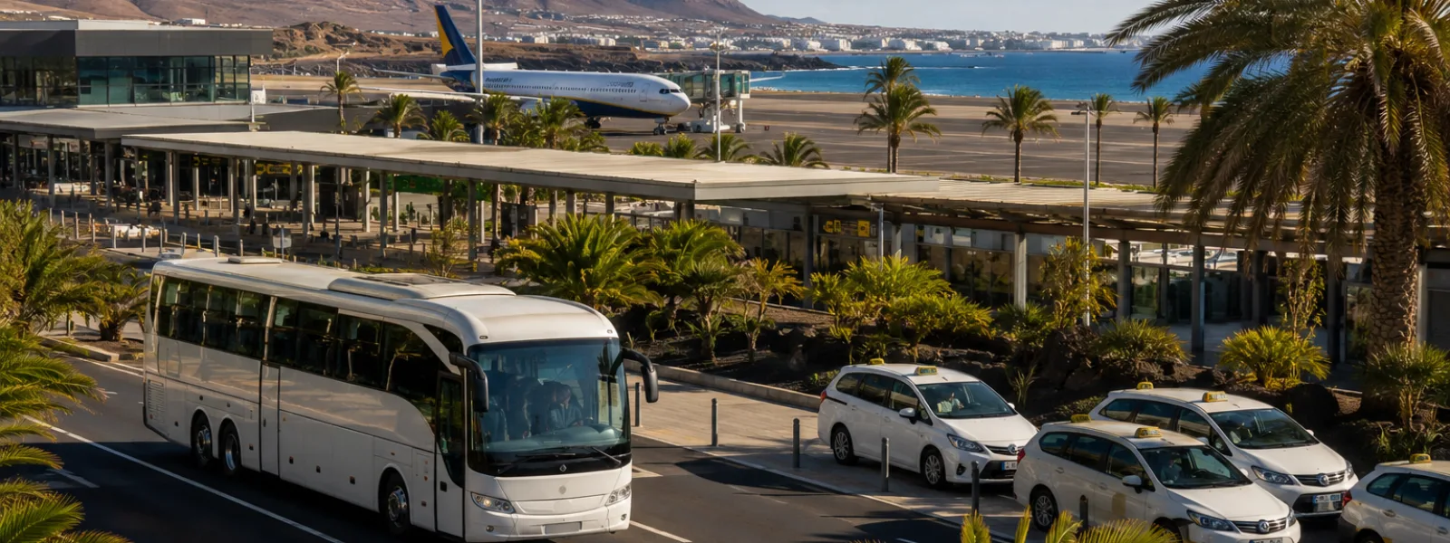 Autocar de transfert aéroport et zone de taxis près d'un complexe balnéaire aux Canaries