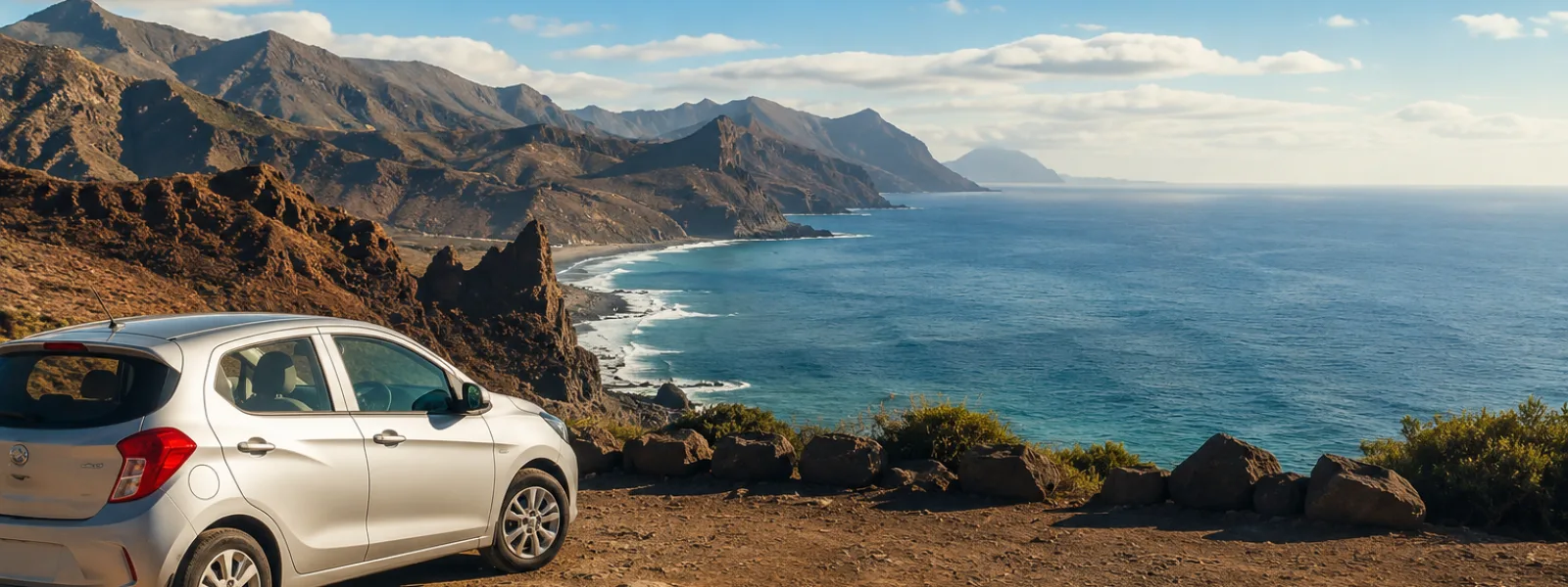 Voiture de location à un point de vue côtier volcanique aux îles Canaries