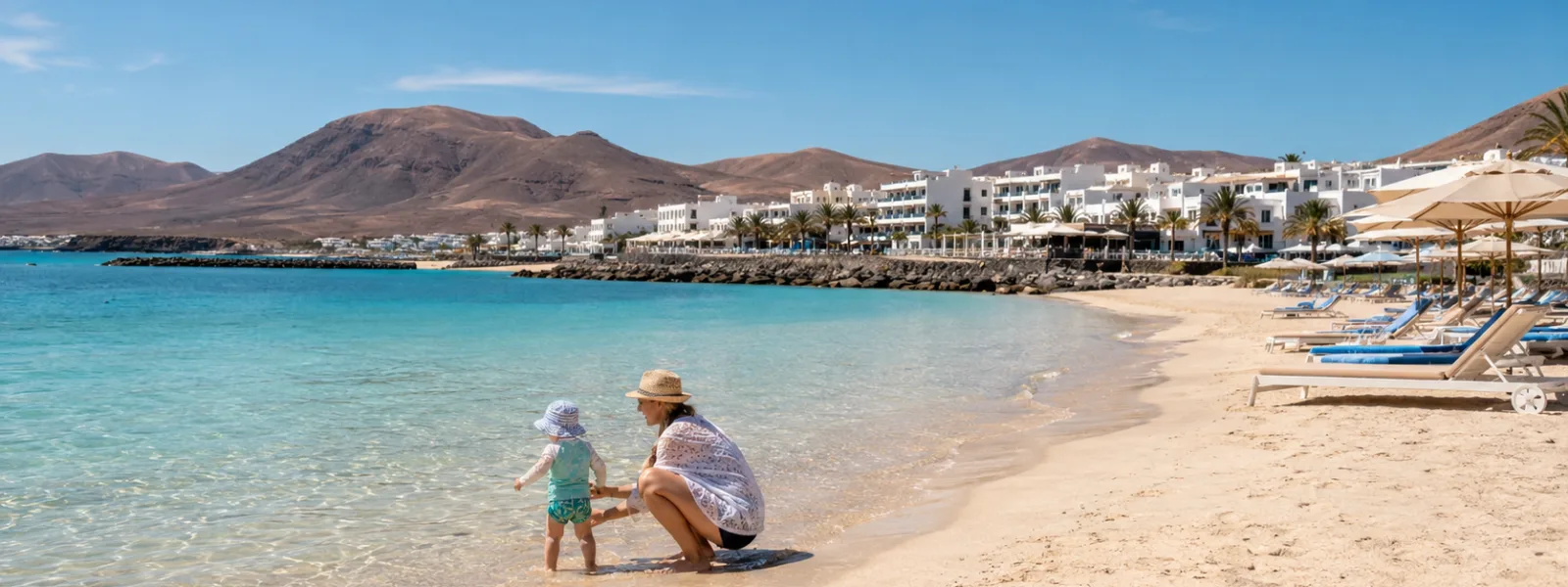 Spiaggia di Playa Flamingo a Playa Blanca, Lanzarote, adatta alle famiglie, con acque calme e basse e hotel resort nelle vicinanze