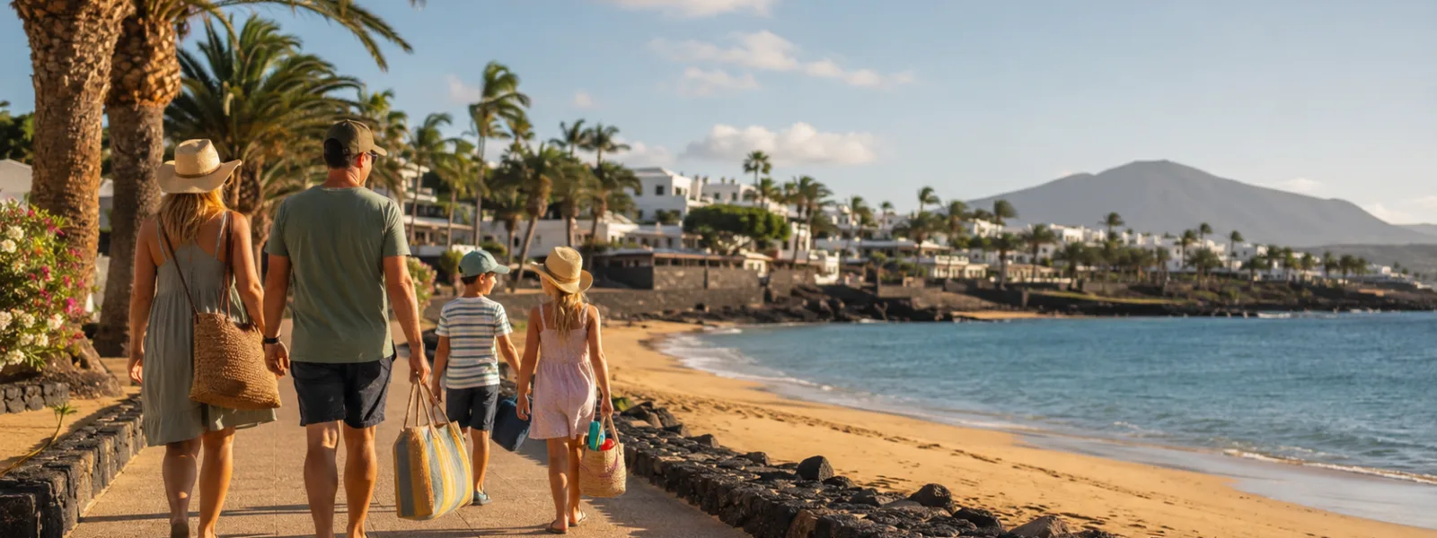 Gezin dat wandelt over een zonnige promenade van een resort op de Canarische Eilanden tijdens een oktobervakantie