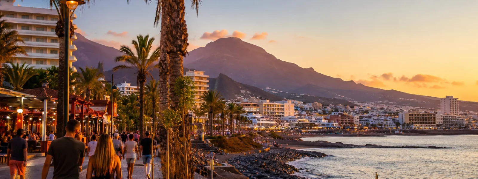 Golden-hour promenade between Los Cristianos and Playa de las Americas in Tenerife