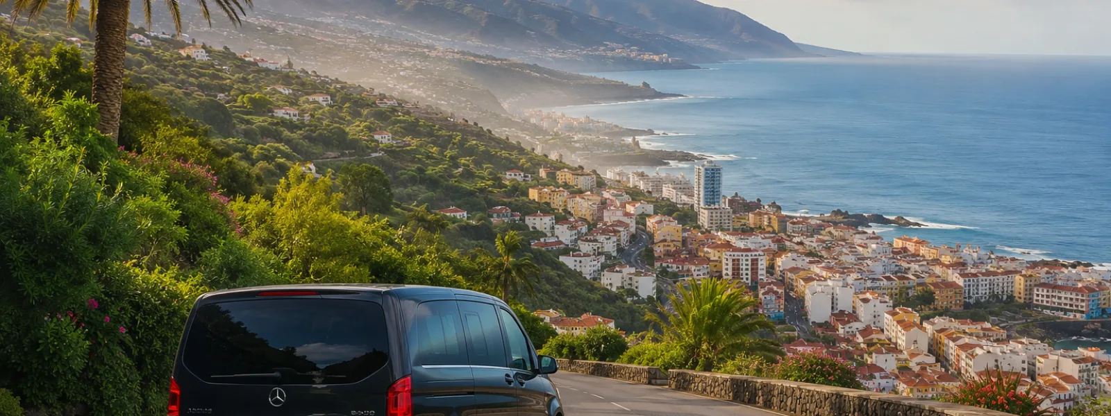 Auto di trasferimento che arriva a Puerto de la Cruz dall'aeroporto di Tenerife Nord con la costa atlantica e le colline verdi del nord di Tenerife