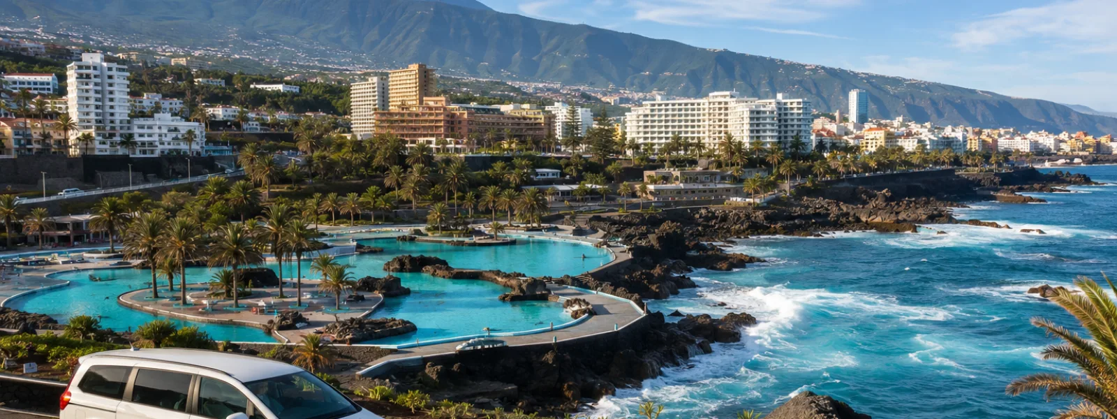 Véhicule de transfert aéroport sur le front de mer de Puerto de la Cruz dans le nord de Tenerife