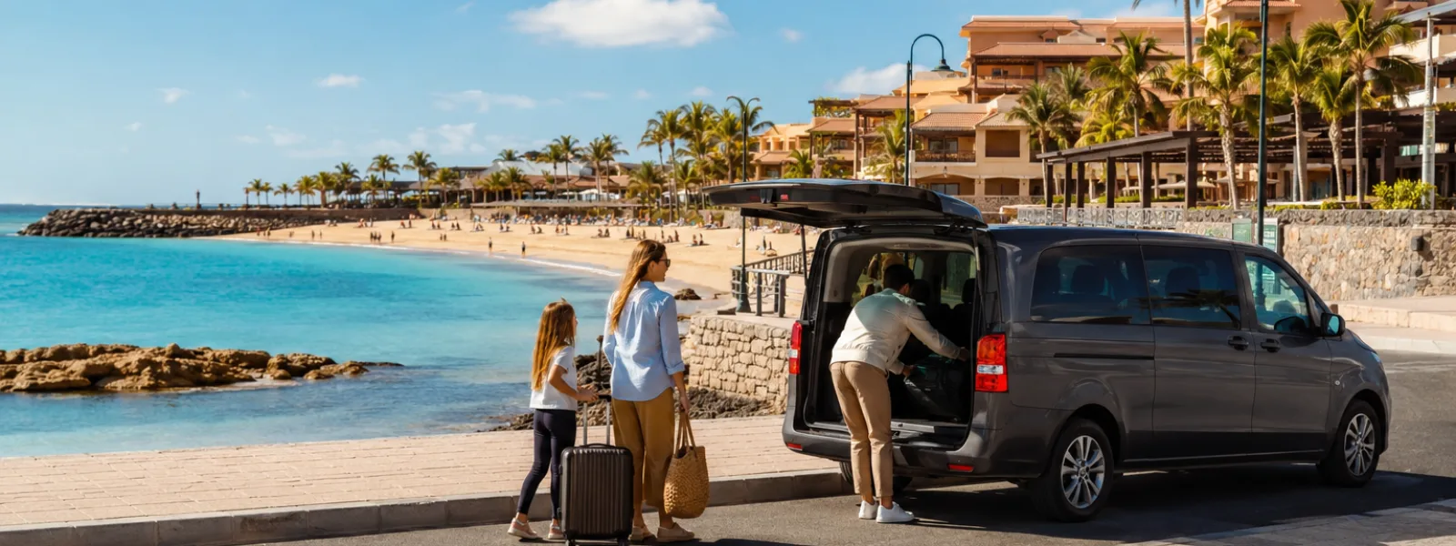 Airport transfer vehicle arriving near hotels and El Castillo beach in Caleta de Fuste, Fuerteventura
