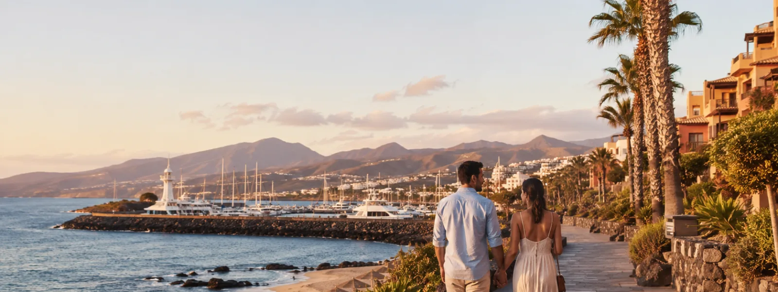 Couple marchant le long d'une promenade de front de mer aux Canaries au coucher du soleil avec vue sur la marina et la plage