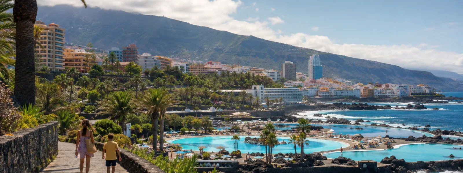 Famiglia che cammina lungo il lungomare del Lago Martianez a Puerto de la Cruz, Tenerife