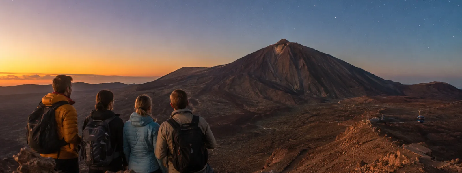 Reizigers die kijken naar de zonsondergang en sterren boven Mount Teide op Tenerife