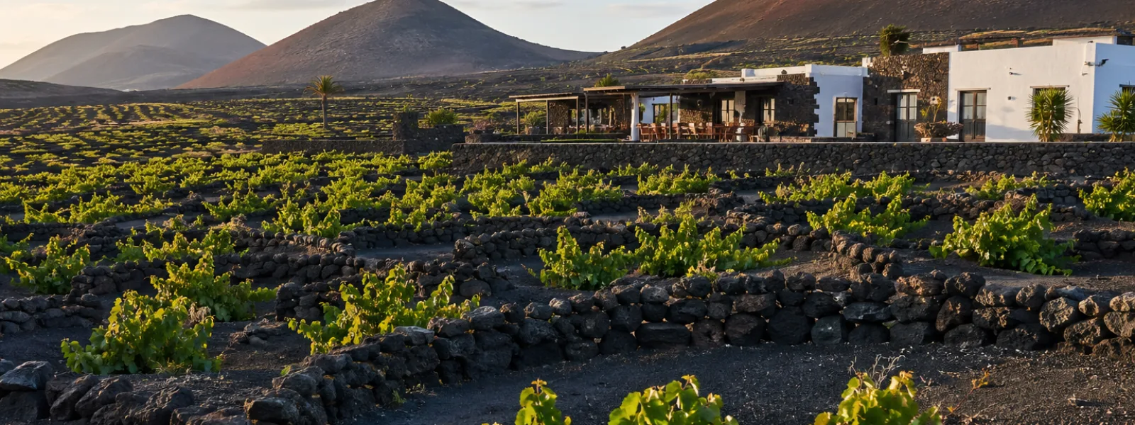 Volcanic vineyards in La Geria, Lanzarote, with traditional vine pits and winery scenery