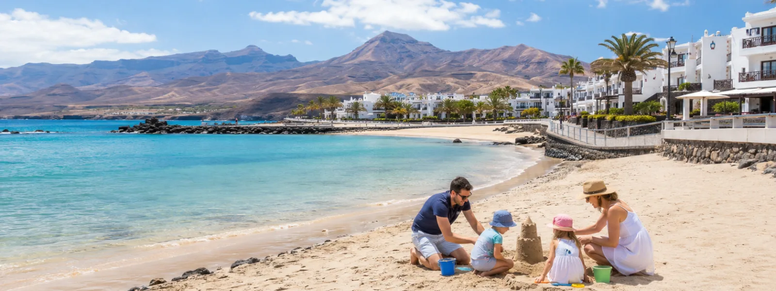 Famille avec de jeunes enfants dans une station balnéaire calme des îles Canaries