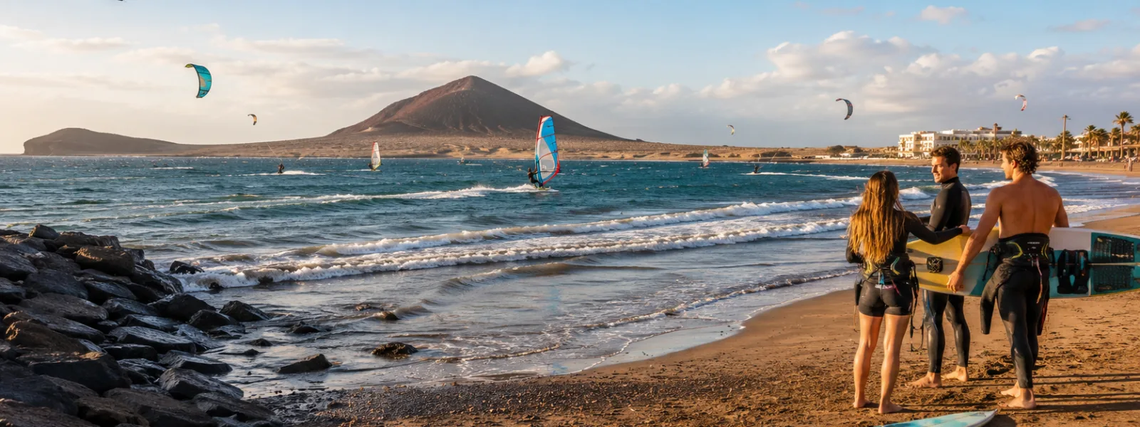 Windsurfers en surfers aan de zuidkust van Tenerife nabij El Medano en Playa de las Americas