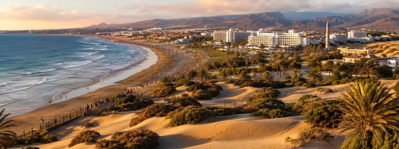 Golden-hour view of Playa del Ingles, Maspalomas Dunes and resort hotels in Gran Canaria