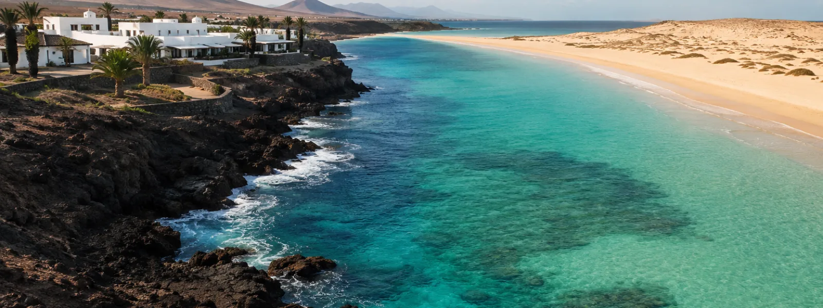 Paysage volcanique de Lanzarote à côté des dunes de Fuerteventura et d'une plage turquoise pour un guide de comparaison des îles