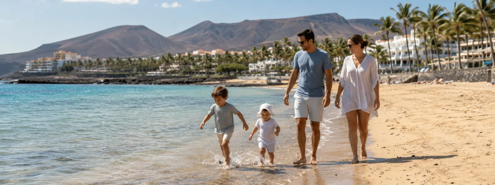 Scena di vacanza in spiaggia in famiglia nelle Isole Canarie per confrontare Tenerife e Gran Canaria con bambini piccoli