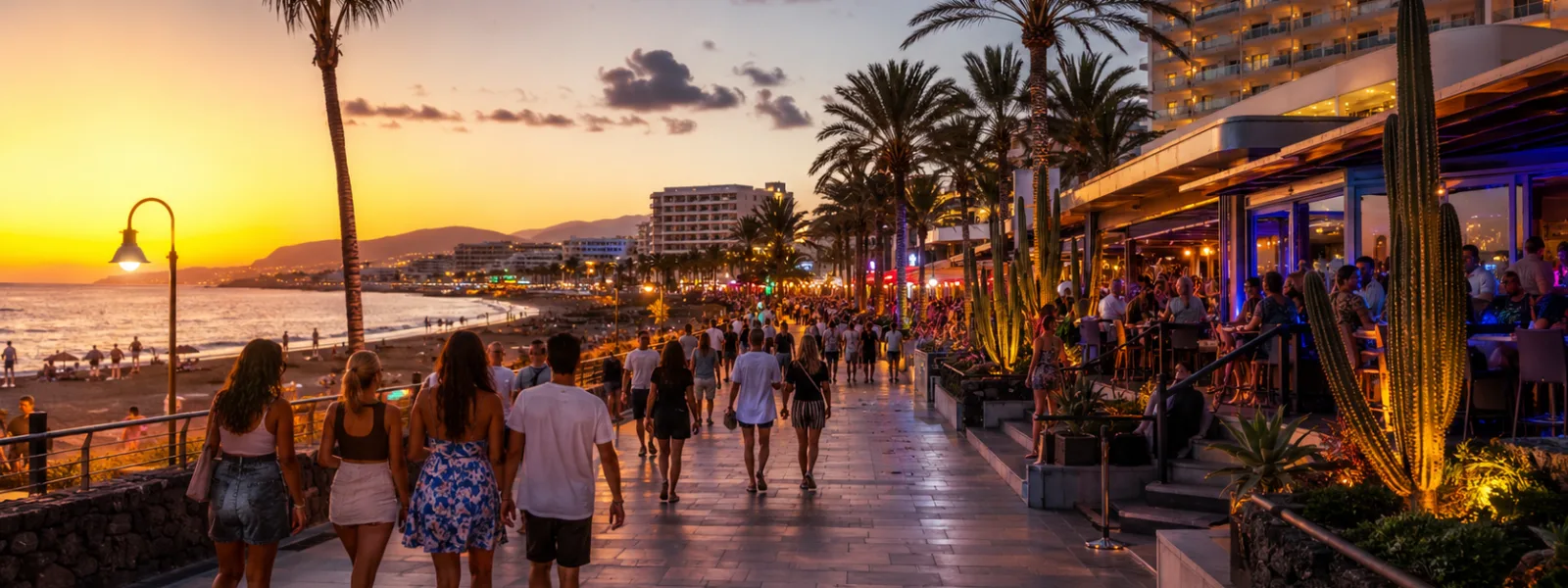 Promenade de station le soir pour une comparaison de vacances nocturnes entre Playa de las Americas et Playa del Ingles