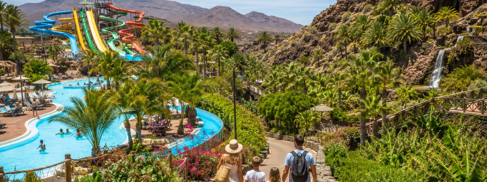 Family choosing between Aqualand Maspalomas water park and Palmitos Park in Gran Canaria
