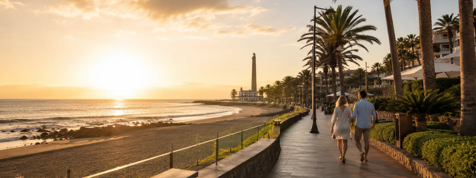 Vista all'ora d'oro del lungomare di Meloneras vicino al Faro di Maspalomas a Gran Canaria