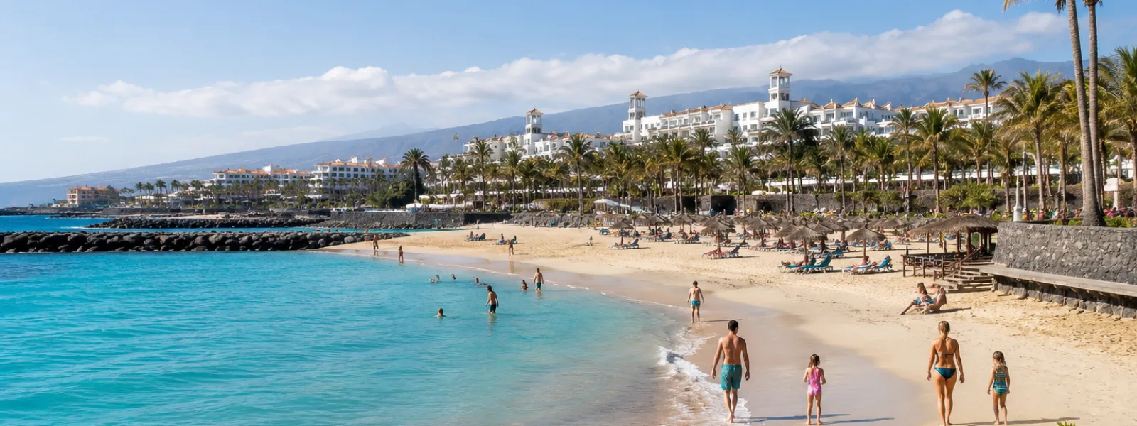 Plage familiale à Tenerife avec des eaux calmes, du sable doré et une promenade de station