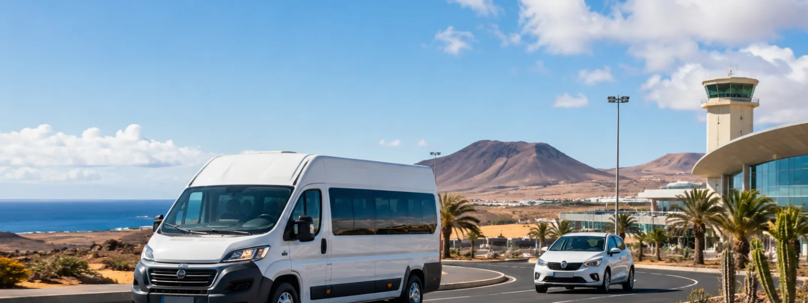 Minibus de transfert aéroport et voiture de location sur une route ensoleillée à Fuerteventura
