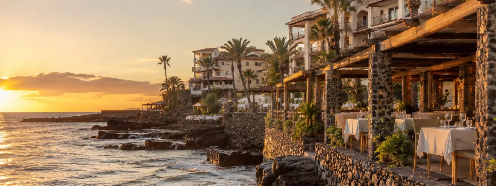 Vista all'ora d'oro di La Caleta a Tenerife con terrazze di ristoranti fronte mare e hotel resort di lusso